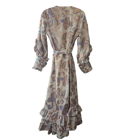 Alexis NWT Abessa Metallic Paisley Wrap Ruffle Midi Dress Size Small Blue Gold - Picture 4 of 12